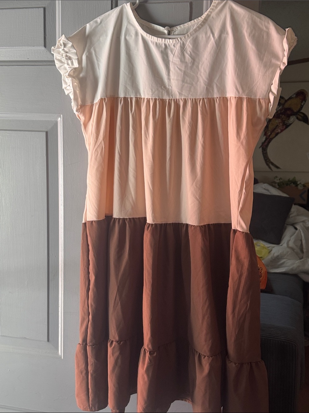Girls Colorblock Ruffled Tiered Dress - Cream, Peach & Brown